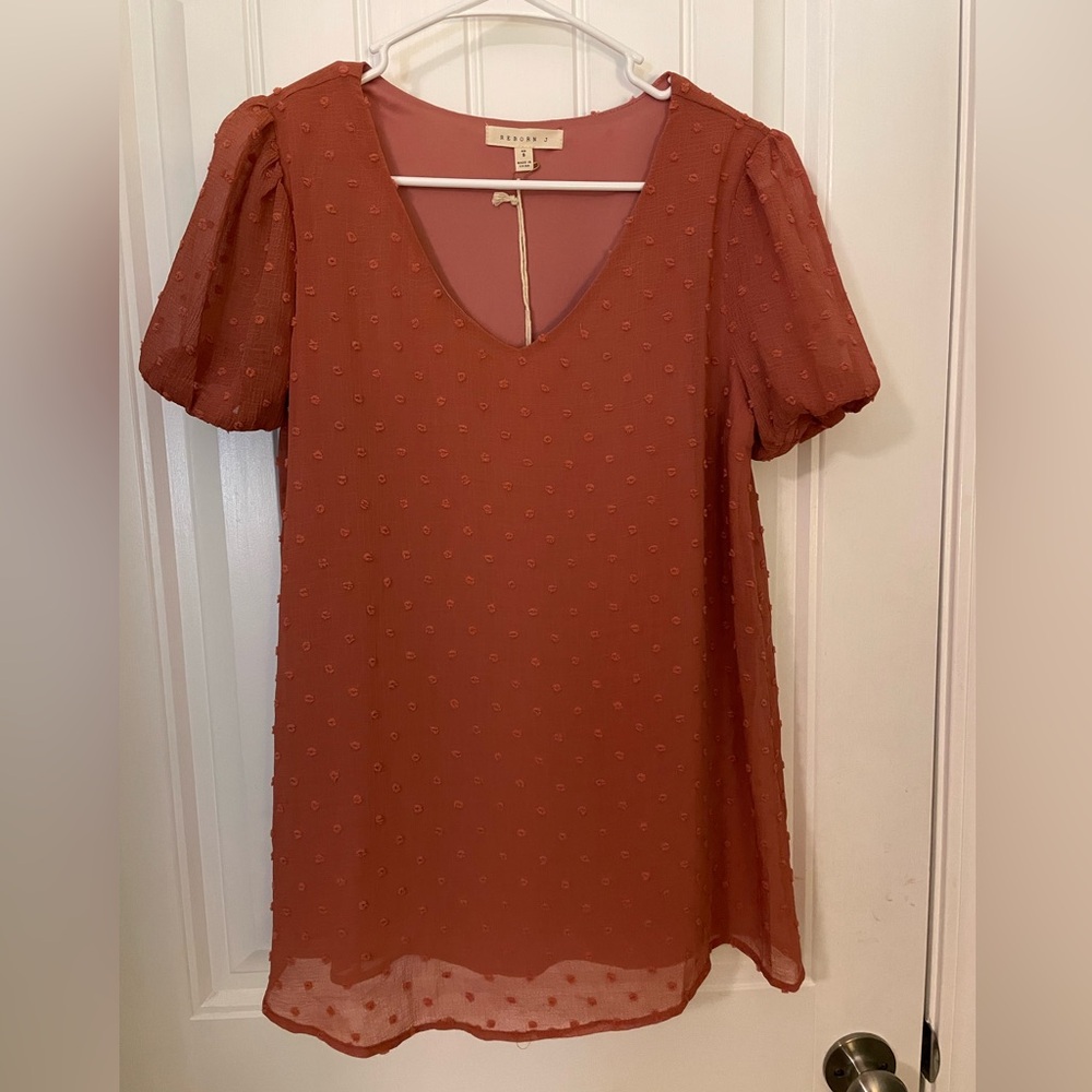 NWT Reborn J Burnt Coral Swiss Dot Blouse